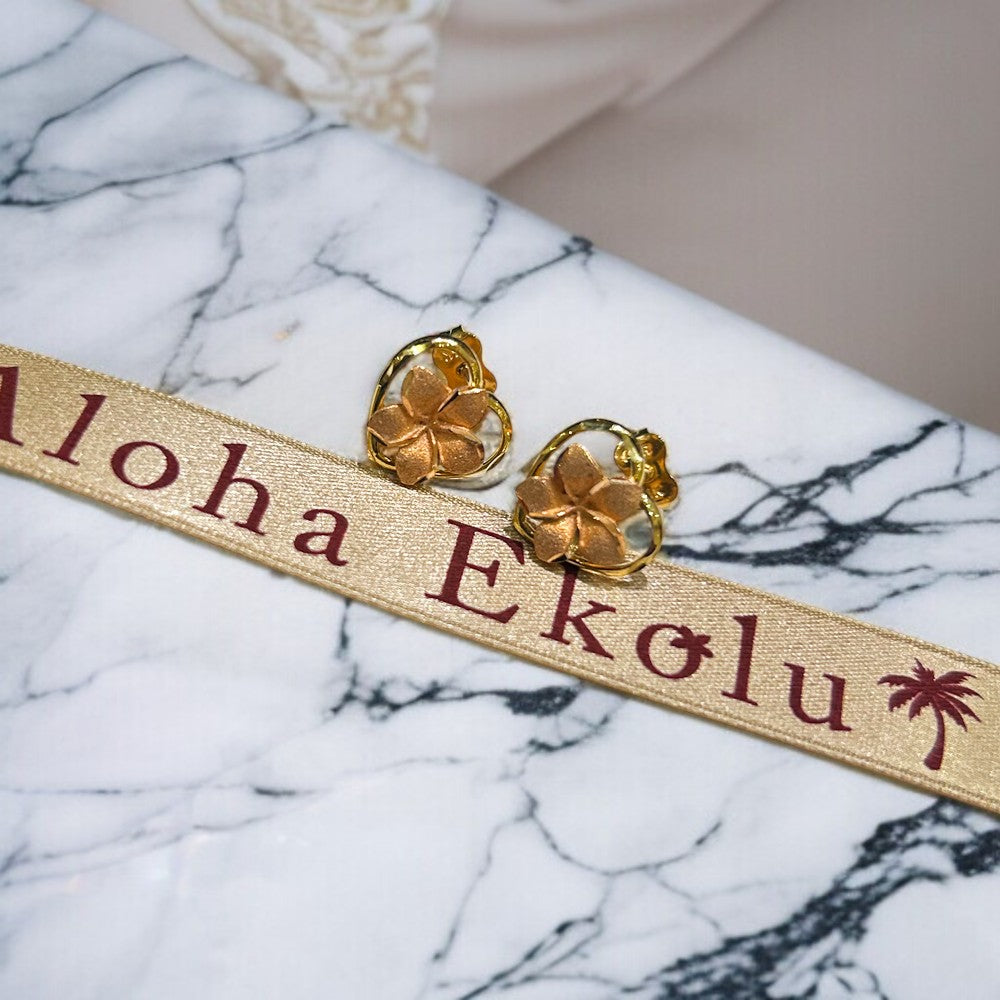 14K 2トーンハート&プルメリアピアス 【9-1794】