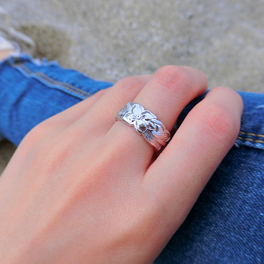 8mm スクロール彫りプルメリア&ホヌリング 【3-0403】