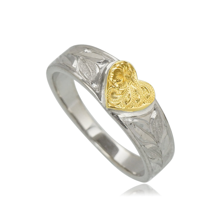 14K手彫りハート&マイレリーフ柄シルバーリング 【3-3725】