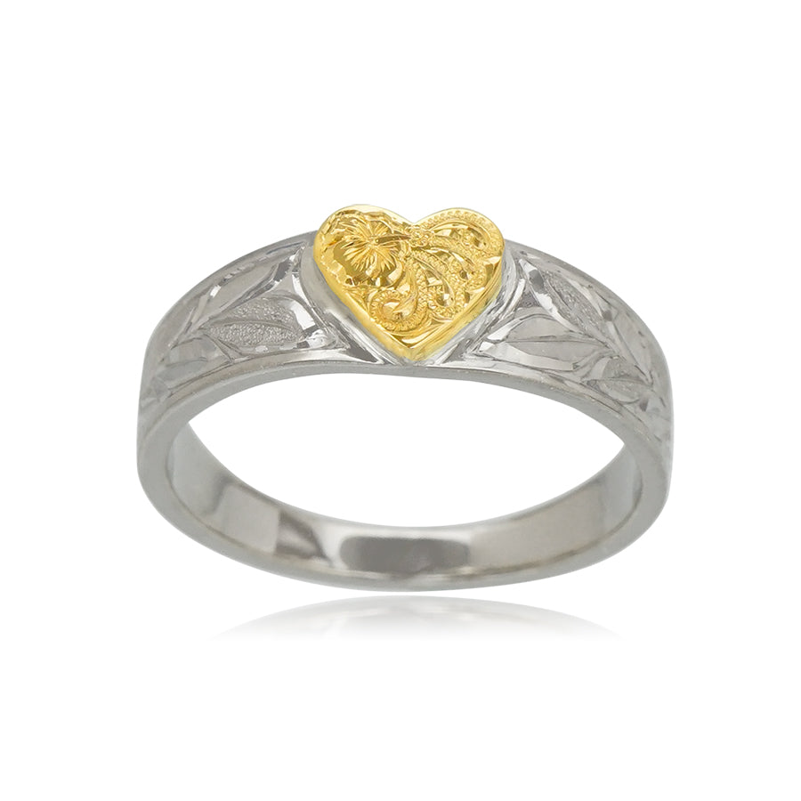 14K手彫りハート&マイレリーフ柄シルバーリング 【3-3725】