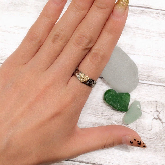 14K手彫りハート&マイレリーフ柄シルバーリング 【3-3725】