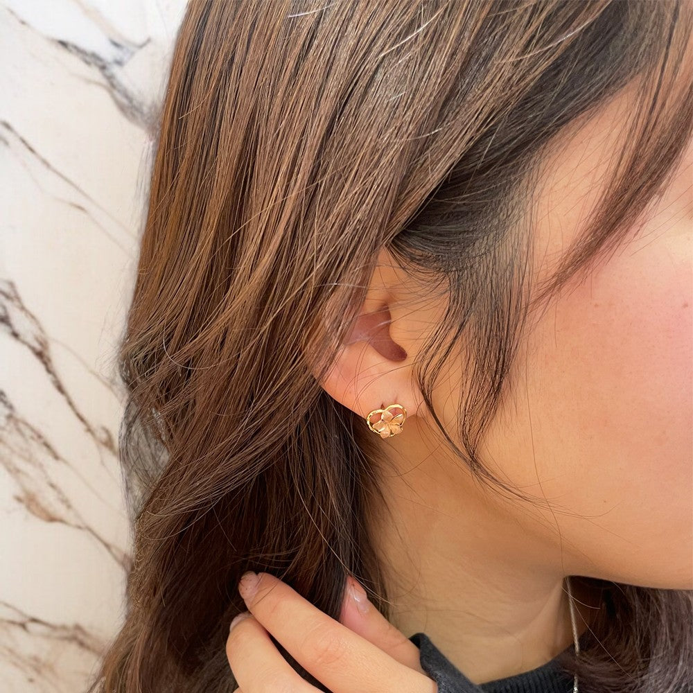 14K 2トーンハート&プルメリアピアス 【9-1794】