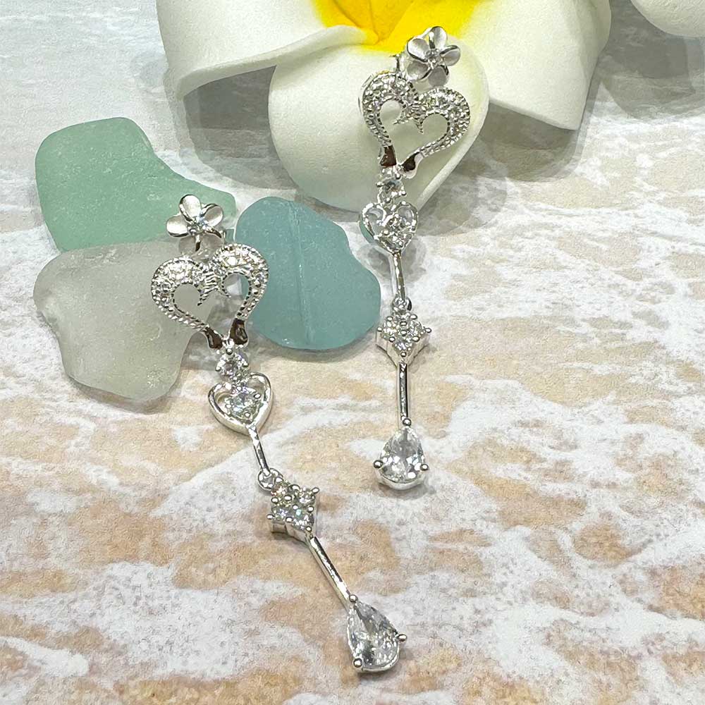 プルメリアハートCZロングピアス 【4-4349】