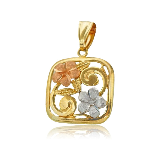 K14 3カラープルメリア透かしスクエアペンダント 【7-1598】