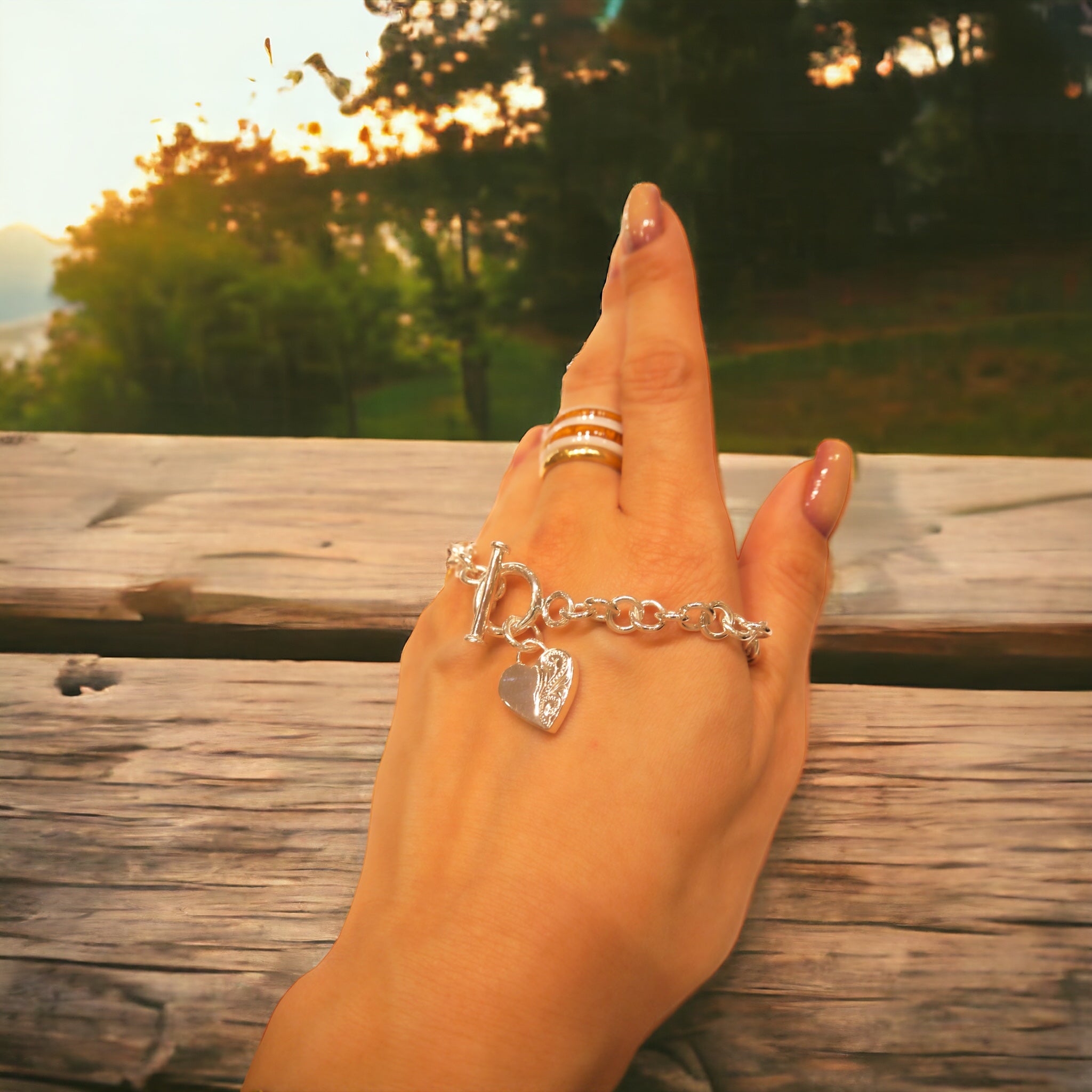 スクロールハートチャーム付チェーンブレスレット【5-1040】