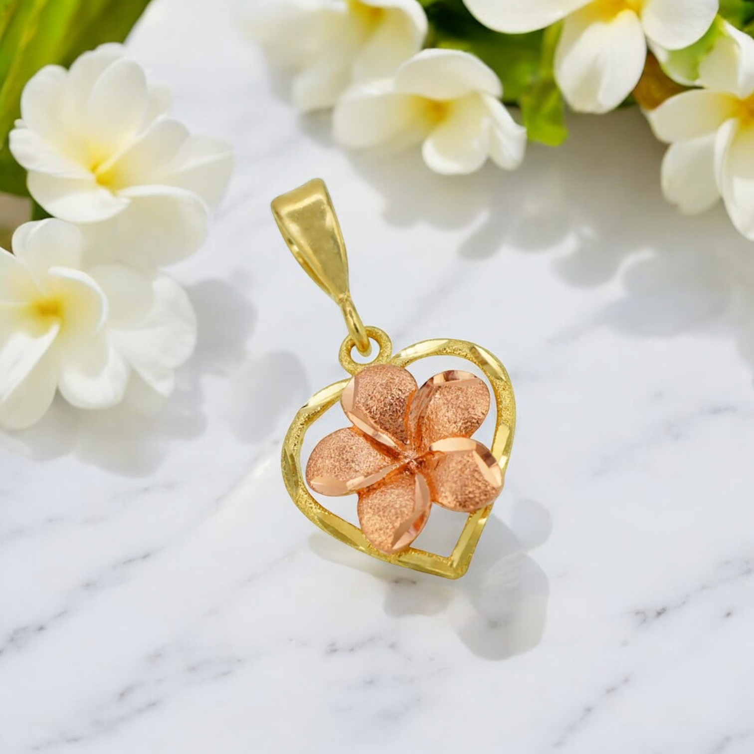 K14 2トーンハート&プルメリアペンダント 【7-3059】