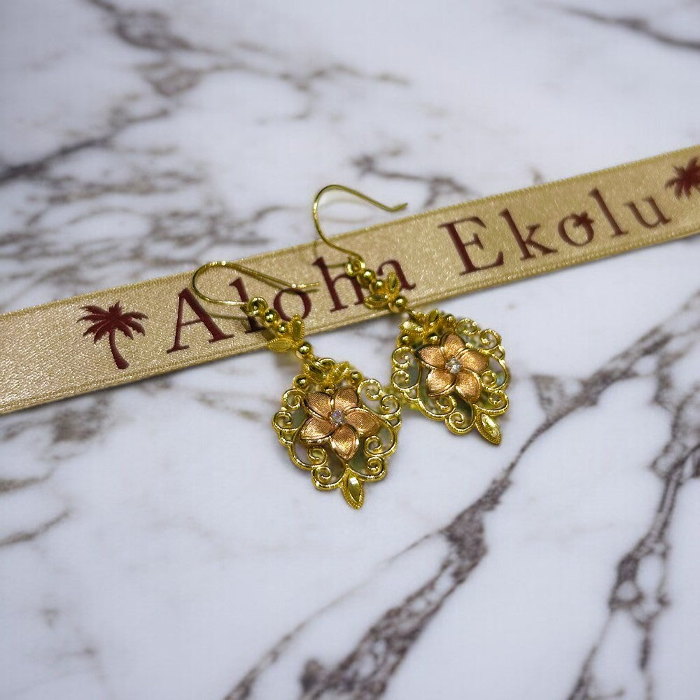 K14スクロール&プルメリアピアス 【9-1015】