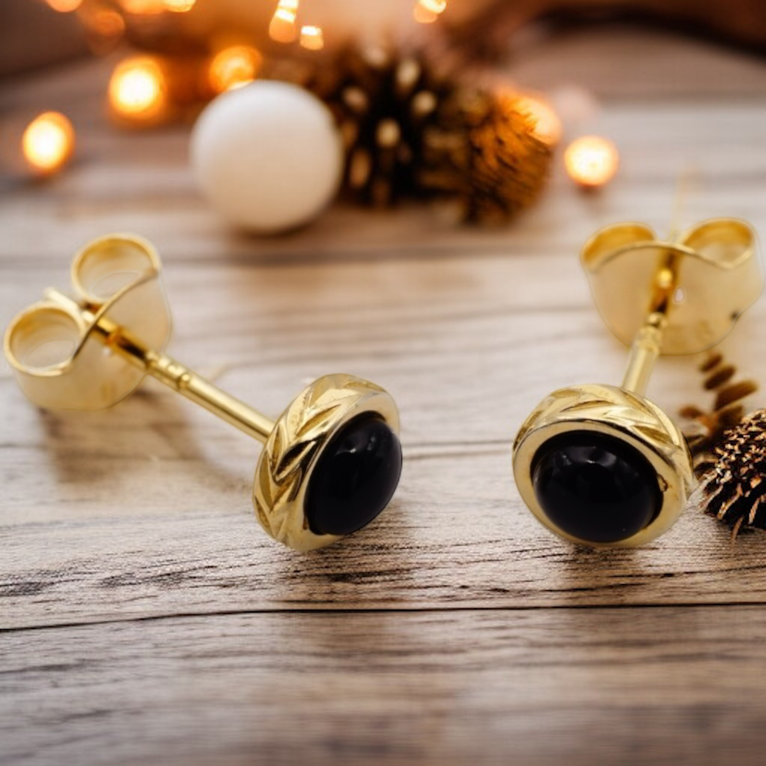 オニキス・マイレ彫りラウンドピアス 【4-4806】