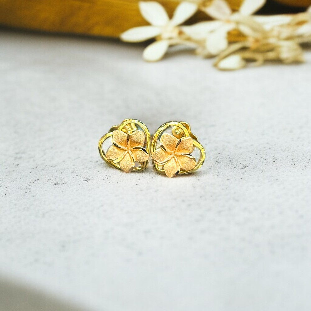 14K 2トーンハート&プルメリアピアス　【9-1794】