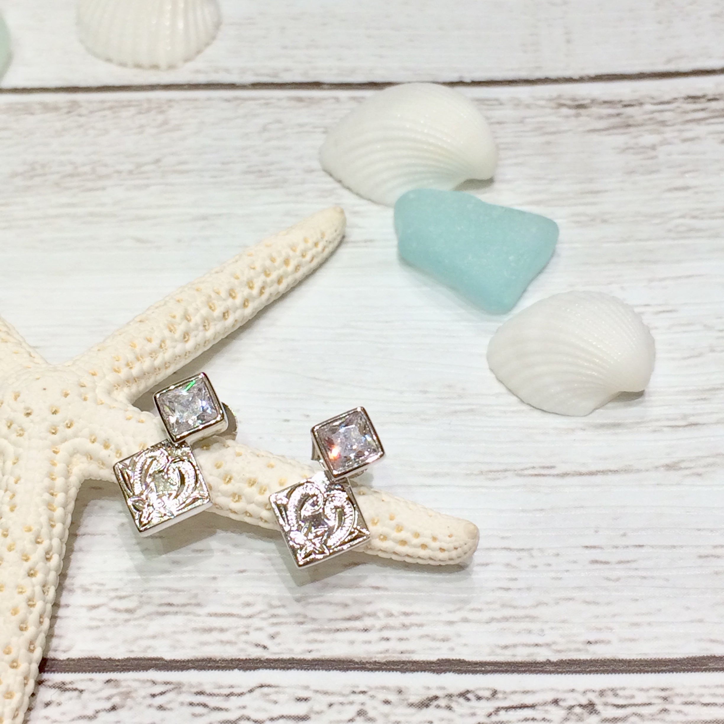 ダブルスクエアCZピアス　【4-3014】